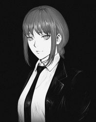 Rule 34 | 1girl, blazer, braid, braided ponytail, breasts, chainsaw man, closed mouth, collared shirt, formal, greyscale, highres, jacket, large breasts, light smile, looking at viewer, makima (chainsaw man), marvin (omarvin), monochrome, necktie, open clothes, open jacket, ringed eyes, shirt, sidelocks, solo, suit, upper body