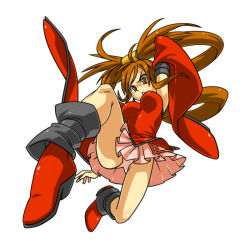 Rule 34 | 1girl, arc system works, boots, breasts, brown eyes, brown hair, chinese clothes, detached sleeves, guilty gear, high heels, impossible clothes, kicking, kuradoberi jam, long hair, miniskirt, panties, pantyshot, shoes, simple background, skin tight, skirt, solo, squemezzo, underwear, very long hair