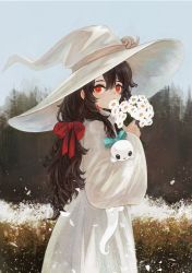 Rule 34 | 1girl, anocco, aqua bow, black hair, borrowed character, bow, creature, dress, flower, gregor (tsurunoka), hair between eyes, hair bow, hat, highres, holding, holding creature, holding flower, lead white (tsurunoka), long hair, looking at viewer, original, red bow, red eyes, solo, upper body, white dress, white flower, white hat, witch hat