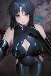 Rule 34 | 1girl, absurdres, armpits, bad id, bad pixiv id, bare shoulders, black eyes, black hair, blush, bodysuit, breasts, cleavage, cleavage cutout, clothing cutout, covered navel, elbow gloves, gloves, highres, large breasts, latex, latex bodysuit, lichiko, looking at viewer, medium hair, official art, original, shiny clothes, skin tight, smile, solo