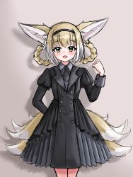 Rule 34 | 1girl, :d, absurdres, animal ear fluff, animal ears, arknights, arm behind back, black dress, black hairband, blonde hair, blush, braid, braided hair rings, brown background, commentary, dress, english commentary, fox ears, fox girl, fox tail, green eyes, hair between eyes, hair rings, hairband, hand up, highres, juliet sleeves, kitsune, long sleeves, looking at viewer, multicolored hair, open mouth, pleated dress, puffy sleeves, rylaera, shadow, simple background, smile, solo, standing, suzuran (arknights), tail, twin braids, two-tone hair, white hair