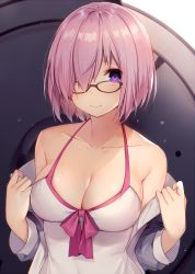 Rule 34 | 1girl, bare shoulders, black-framed eyewear, blush, bow, breasts, cleavage, collarbone, fate/grand order, fate (series), front-tie top, glasses, hair over one eye, large breasts, light purple hair, long sleeves, looking at viewer, mash kyrielight, mash kyrielight (swimsuit of perpetual summer), muryotaro, official alternate costume, one-piece swimsuit, pink bow, purple eyes, shield, short hair, smile, sweatdrop, swimsuit, upper body, white one-piece swimsuit