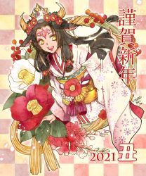 Rule 34 | 1girl, :d, animal ears, chinese zodiac, cow ears, cow tail, dated, eyeshadow, flower, hand up, highres, horns, japanese clothes, kazuki-mendou, kimono, leaf, long sleeves, looking at viewer, makeup, mini person, minigirl, obi, open mouth, original, pink kimono, red flower, sash, signature, smile, solo, tail, tassel, white flower, wide sleeves, year of the ox, yellow eyes, yellow sash