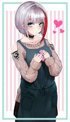 Rule 34 | 1girl, absurdres, admiral graf spee (azur lane), admiral graf spee (peaceful daily life) (azur lane), apron, aqua eyes, arm warmers, azur lane, bad id, bad pixiv id, blunt bangs, border, box, catumi (ta938 ka23), choker, collarbone, cowboy shot, gift, gift box, heart, highres, long sleeves, looking at viewer, multicolored hair, parted lips, red hair, short hair, silver hair, solo, striped, striped background, sweater, two-tone hair, valentine
