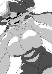 Rule 34 | + +, 1girl, bare shoulders, blush, breasts, breath, callie (splatoon), cleavage, collarbone, detached collar, female focus, food, food on head, from below, greyscale, heavy breathing, highres, huge breasts, jumpsuit, long hair, mole, mole under eye, monochrome, nintendo, object on head, open mouth, pero (pero7762), pointy ears, simple background, solo, splatoon (series), sushi, sweat, teeth, tentacle hair, white background