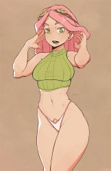 Rule 34 | 1girl, arms up, artist name, boku no hero academia, breasts, brown background, cameltoe, cleft of venus, crosshair, crosshair pupils, goggles, goggles on head, green eyes, hatsume mei, high-waist panties, highleg, highleg panties, highres, lit silium, looking at viewer, medium breasts, midriff, navel, open mouth, panties, pink hair, sleeveless, solo, standing, symbol-shaped pupils, teeth, turtleneck, underwear
