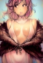Rule 34 | 1girl, bad id, bad tumblr id, blue background, breasts, choker, cleavage, coat, dress, earrings, facing viewer, fur coat, highres, jewelry, looking to the side, no bra, open mouth, optionaltypo, original, pink eyes, pink hair, short hair, signature, solo, upper body, white dress