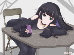 Rule 34 | 1girl, ass, black choker, black hair, blunt bangs, bocchi the rock!, breast rest, breasts, breasts on table, cellphone, chair, chin piercing, choker, cleavage, colored inner hair, commentary request, ear piercing, green eyes, highres, long hair, long sleeves, looking at viewer, lying, multicolored hair, off shoulder, on stomach, pa-san, phone, piercing, purple hair, rasen manga, sitting, small breasts, smartphone, table, twitter username
