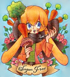 Rule 34 | 1girl, :d, animal ears, blue background, blue eyes, brown scarf, carrot, colored pencil (medium), cropped torso, droopy ears, flower, food, fork, holding, holding food, holding fork, holding vegetable, jacket, long sleeves, looking at viewer, meremero, open mouth, orange hair, orange jacket, original, pink flower, rabbit ears, scarf, short hair, smile, solo, traditional media, vegetable