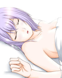 Rule 34 | 10s, 1girl, armpits, bare shoulders, bed, breasts, cardfight!! vanguard, cleavage, closed eyes, collarbone, light purple hair, lying, on back, open mouth, short hair, simple background, sleeping, solo, tokura misaki, white background, wolkenritter vita1