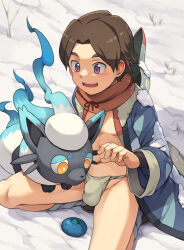 1boy :o absurdres alec_(pokemon) alternate_color berry_(pokemon) black_shirt blush brown_hair bulge coat commentary_request creatures_(company) daikung day fundoshi game_freak highres hisuian_zorua japanese_clothes looking_down male_focus nintendo open_clothes open_coat open_mouth oran_berry outdoors pokemon pokemon:_hisuian_snow pokemon_(creature) purple_eyes shiny_pokemon shirt short_hair snow tongue vest