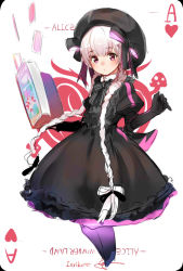 Rule 34 | 10s, 1girl, artist name, beret, black dress, black gloves, book, braid, card (medium), dress, elbow gloves, fate/extra, fate (series), gloves, hat, highres, holding, holding book, isshiki (ffmania7), juliet sleeves, long hair, long sleeves, nursery rhyme (fate), open book, playing card theme, puffy sleeves, purple eyes, signature, solo, standing, twin braids, very long hair, white hair