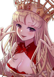 Rule 34 | 1girl, absurdres, bare shoulders, blonde hair, blush, breasts, cleavage, commentary request, crown, dousunnen, dress, europa (fate), fate/grand order, fate (series), highres, large breasts, long hair, looking at viewer, open mouth, purple eyes, simple background, smile, solo, very long hair, white background, white dress