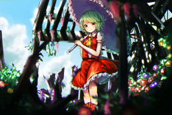 Rule 34 | 1girl, ascot, blue sky, blurry, boots, chromatic aberration, cloud, day, depth of field, flower, frills, green hair, highres, kazami yuuka, looking at viewer, nature, parasol, parted lips, puffy short sleeves, puffy sleeves, pyonsuke (pyon2 mfg), red eyes, shirt, short hair, short sleeves, skirt, skirt set, sky, solo, touhou, umbrella, upskirt, vest