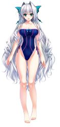 Rule 34 | 1girl, amasaka takashi, aqua eyes, bare shoulders, barefoot, bow, breasts, cleavage, feet, frills, full body, hair ornament, highres, large breasts, long hair, looking at viewer, one-piece swimsuit, open mouth, silver hair, smile, solo, strapless, strapless one-piece swimsuit, swimsuit, tiana havel netherlands, toes, transparent background, unionism quartet, very long hair