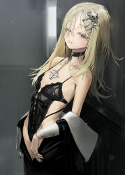 1girl bare_shoulders black_dress black_nails blonde_hair choker dorontabi dress earrings flat_chest gakuen_idolmaster hair_ornament idolmaster jewelry leaning_back lingerie looking_at_viewer medium_hair ring seductive_smile shinosawa_hiro skull_hair_ornament smile solo underwear undressing