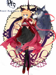 Rule 34 | 1girl, black pantyhose, blonde hair, blue eyes, cape, dress, elbow gloves, fang, female focus, frills, gloves, high heels, hood, hoodie, horns, imi fumei, long hair, monocle, monocle chain, pantyhose, pixiv fantasia, pixiv fantasia 5, shoes, solo, whip, wolf