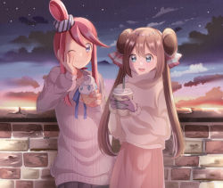 Rule 34 | 2girls, :d, ;t, alternate costume, bad id, bad pixiv id, black skirt, blue eyes, blue ribbon, brick wall, brown hair, casteliacone, casual, cloud, cloudy sky, collarbone, commentary request, cowboy shot, creatures (company), cup, disposable cup, double bun, drinking straw, game freak, gloves, hair bun, hair ornament, hair ribbon, hair scrunchie, hand on own cheek, hand on own face, highres, holding, holding cup, long hair, long sleeves, looking at another, mikannjs, multiple girls, neck ribbon, nintendo, no headwear, open mouth, pink skirt, pokemon, pokemon bw, pokemon bw2, purple eyes, purple gloves, red hair, ribbon, rosa (pokemon), scrunchie, sidelocks, skirt, sky, skyla (pokemon), smile, standing, star (sky), starry sky, sweater, swept bangs, turtleneck, turtleneck sweater, twilight, twintails, very long hair