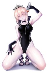 Rule 34 | 1girl, artoria pendragon (all), artoria pendragon (alter swimsuit rider) (fate), artoria pendragon (alter swimsuit rider) (third ascension) (fate), artoria pendragon (fate), bare legs, black gloves, black nails, black one-piece swimsuit, blonde hair, blue ribbon, bottle, breasts, choker, competition swimsuit, covered navel, fate/grand order, fate (series), full body, gloves, gluteal fold, hair between eyes, hair ribbon, hand up, head tilt, high heels, highleg, highleg swimsuit, holding, looking at viewer, lotion, medium breasts, nail polish, one-piece swimsuit, ribbon, saber (fate), saber (summer battle clothes) (fate), saber alter, sandals, simple background, smile, solo, swimsuit, tiara, toenail polish, toenails, ulrich (tagaragakuin), white background, yellow eyes