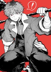 Rule 34 | !, 1boy, absurdres, axe, bandaged arm, bandages, commentary request, greyscale, greyscale with colored background, highres, holding, holding axe, holding weapon, jacket, long sleeves, looking at viewer, male focus, monochrome, pants, red background, red eyes, short hair, simple background, solo, sousou no frieren, spoken exclamation mark, stark (sousou no frieren), weapon, yotsumi shiro