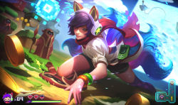 Rule 34 | &gt; &lt;, 1girl, ^ ^, ahri (league of legends), alex flores, all fours, alternate costume, animal ears, arcade ahri, bangle, black shorts, blue eyes, bracelet, brown gloves, closed eyes, closed mouth, cloud, coin, controller, dutch angle, fake screenshot, final boss veigar, fox ears, fox tail, gloves, glowing, glowing hand, grass, hair over one eye, handheld game console, headphones, health bar, heart, holding, holding weapon, hood, jewelry, joystick, league of legends, mole, mole under eye, multiple tails, nail polish, official art, on ground, pixels, polearm, puffy short sleeves, puffy sleeves, purple hair, purple nails, purple thighhighs, red scarf, riot games, robe, scarf, shirt, short shorts, short sleeves, shorts, single thighhigh, smile, spear, standing, tail, thighhighs, veigar, weapon, white shirt, | |