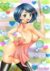 Rule 34 | 1girl, apron, artist name, black thighhighs, blue eyes, blue hair, blush, breasts, cleavage, creatures (company), game freak, johanna (pokemon), knife, large breasts, marker (medium), matching hair/eyes, mature female, mother (pokemon), musical note, naked apron, nintendo, open mouth, pokemon, pokemon dppt, short hair, sideboob, solo, takecha, thighhighs, traditional media