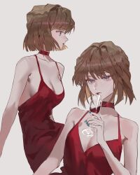 Rule 34 | 1girl, alcohol, arm up, bare arms, bare shoulders, blue eyes, blue nails, breasts, brown hair, choker, cleavage, commentary, cup, dress, drinking glass, expressionless, haibara ai, highres, lipstick, makeup, medium breasts, meitantei conan, miyano shiho, nail polish, red choker, red dress, red lips, simple background, sleeveless, sleeveless dress, valson, white background, wine, wine glass