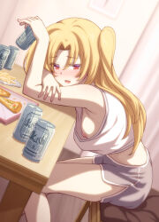 Rule 34 | 1girl, alcohol, armpits, azur lane, beer can, blonde hair, blush, can, chair, cleveland (azur lane), clock, commentary request, curtains, cushion, drink can, drunk, elbow rest, food, french fries, grey shorts, hair intakes, hand on own arm, hand up, head on arm, holding, holding can, indoors, knees together feet apart, leaning forward, long hair, looking at viewer, loose clothes, loose shirt, midriff, nipple slip, nipples, nose blush, open can, open mouth, pizza, pizza box, pizza slice, red eyes, shirt, shorts, side ponytail, sitting, table, tank top, tongue, white shirt, wooden floor, yuki shizuku