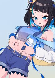 Rule 34 | 1girl, absurdres, algorhythm project, belly grab, black hair, blue hair, blue pants, crop top, hair ornament, highres, jacket, karu (algorhythm project), mekato, midriff, multicolored hair, navel, open mouth, pants, short hair, solo, stomach, virtual youtuber, white jacket