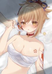 Rule 34 | 1girl, 1other, @ @, arm tattoo, bandages, blonde hair, blush, breasts, chest sarashi, chest tattoo, choker, cleavage, commentary request, engasaki sakura, genshin impact, highres, looking at viewer, lying, medium breasts, midriff, on back, parted lips, red choker, sarashi, short hair, solo focus, stomach, strapless, sweat, tattoo, tube top, upper body, yoimiya (genshin impact)