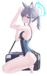 Rule 34 | 1girl, absurdres, animal ear fluff, animal ears, bag, black one-piece swimsuit, blue archive, blue eyes, breasts, competition swimsuit, cross hair ornament, extra ears, grey hair, gyuu, hair ornament, halo, highres, kneeling, low ponytail, medium breasts, medium hair, mismatched pupils, multicolored clothes, multicolored swimsuit, official alternate costume, one-piece swimsuit, shiroko (blue archive), shiroko (swimsuit) (blue archive), simple background, solo, swimsuit, white background, wolf ears