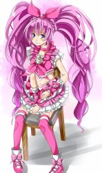 Rule 34 | 10s, 1girl, blue eyes, bow, brooch, chair, choker, cure melody, frills, full body, hair ribbon, hairband, highres, houjou hibiki, jewelry, long hair, magical girl, midriff, pink bow, pink hair, pink thighhighs, precure, ribbon, shoes, sitting, smile, solo, suite precure, thighhighs, twintails, wrist cuffs, yuutarou (fukiiincho)