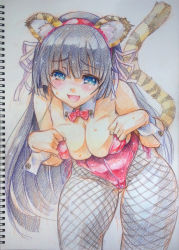Rule 34 | 1girl, animal ears, bare shoulders, bent over, black hair, blue eyes, blush, breasts, cameltoe, catsuit, cleavage, covering privates, covering breasts, detached collar, fake animal ears, female focus, fishnet pantyhose, fishnets, gradient background, hair ribbon, highres, kittysuit, kiyama satoshi, large breasts, leotard, long hair, nontraditional playboy bunny, open mouth, original, pantyhose, ribbon, smile, solo, sweat, tail, tiger ears, tiger tail, traditional media, very long hair, wrist cuffs