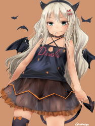 Rule 34 | 1girl, akino shuu, bare shoulders, black skirt, black thighhighs, blonde hair, blue eyes, blush, bow, clothes writing, collarbone, demon horns, demon tail, demon wings, grecale (kancolle), hair between eyes, hair bow, halloween, halloween costume, horns, kantai collection, long hair, pink bow, simple background, single thighhigh, skirt, smile, solo, tail, thighhighs, twitter username, wavy hair, wings