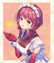 Rule 34 | 1girl, apron, bare shoulders, blunt bangs, brown ribbon, elbow gloves, frills, gloves, hand up, heart, japanese clothes, looking at viewer, low twintails, maid, maid apron, maid headdress, okanoyuno, purple eyes, purple hair, ribbon, short hair, tenka hyakken, twintails, wa maid