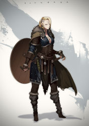 Rule 34 | 1girl, absurdres, armor, armored dress, asymmetrical hair, blonde hair, blue dress, blue eyes, braid, breasts, cape, cleavage, commentary request, corset, dagger, dress, earrings, facial tattoo, fingerless gloves, forehead, full body, fur-trimmed cape, fur trim, gloves, highres, holding, holding shield, hong soon-jae, jewelry, knife, korean commentary, leather armor, medium breasts, no bra, original, scabbard, sheath, sheathed, shield, short hair, side braid, solo, standing, sword, tattoo, undercut, viking, weapon