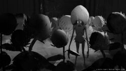Rule 34 | 1other, alien, barefoot, bloodborne, celestial emissary, completely nude, email address, flower, full body, glowing, glowing eyes, greyscale, highres, l aciel, long arms, looking at viewer, monochrome, navel, nude, solo, standing