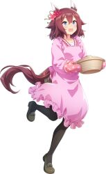 Rule 34 | 1girl, animal ears, apron, blue eyes, blush, bowl, casual, flower, hair between eyes, hair flaps, hair flower, hair ornament, horse ears, horse tail, leg up, official art, open mouth, oven mitts, pantyhose, pink hair, sakura chiyono o (umamusume), shoes, simple background, solo, standing, standing on one leg, tail, transparent background, umamusume