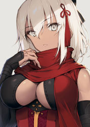 Rule 34 | 1girl, breasts, cleavage, closed mouth, dark-skinned female, dark skin, detached sleeves, fate/grand order, fate (series), grey eyes, hair ornament, hand up, haoni, large breasts, majin saber, okita souji (fate), okita souji alter (fate), okita souji alter (first ascension) (fate), red scarf, scarf, short hair, simple background, solo, underbust, upper body, white hair