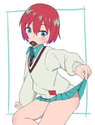 1girl amate_yuzuriha aqua_eyes aqua_shirt aqua_skirt bubukka clothes_lift condom condom_in_mouth condom_wrapper gundam_gquuuuuux lifting_own_clothes mouth_hold necktie panties red_hair red_necktie school_uniform shirt short_hair skirt skirt_lift solo striped_necktie thighs underwear white_background