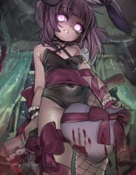 Rule 34 | 1girl, animal ears, asymmetrical legwear, axe, bare shoulders, black leotard, blood, blood stain, bow, box, choker, commentary, covered navel, curtains, english commentary, fake animal ears, fallenshadow, feet out of frame, fishnet pantyhose, fishnets, flat chest, frilled choker, frills, from below, gift, gift box, girutea, glowing, glowing eyes, head tilt, heart-shaped box, highres, holding, holding axe, holding gift, horror (theme), indie virtual youtuber, indoors, large bow, leg ribbon, leotard, looking at viewer, medium hair, mismatched legwear, oversized breast cup, pantyhose, parted lips, pink eyes, playboy bunny, purple hair, rabbit ears, ribbon, solo, strapless, strapless leotard, thigh ribbon, virtual youtuber, waist bow, window, wrist cuffs