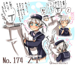 Rule 34 | !, !!, 10s, 1boy, 1girl, ?, admiral (kancolle), arm grab, artist name, black hat, black serafuku, blank eyes, blue eyes, character name, hat, height difference, holding, holding clothes, holding hat, kantai collection, long sleeves, looking back, military, military uniform, naval uniform, no pants, o o, sailor hat, scared, school uniform, serafuku, short hair, silver hair, spoken exclamation mark, spoken question mark, surprised, suzuki toto, sweat, teardrop, text focus, thigh gap, translation request, twitter username, uniform, unworn hat, unworn headwear, wet, z1 leberecht maass (kancolle)