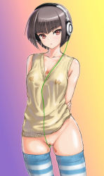 Rule 34 | 1girl, :o, arms behind back, black hair, bob cut, bottomless, brown hair, cable, collarbone, female focus, groin, headphones, looking at viewer, naked sweater, no panties, object insertion, objectification, open mouth, original, personification, pussy, rasukaru, short hair, solo, standing, striped clothes, striped thighhighs, sweater, sweater vest, thighhighs, thighs, uncensored, vaginal, vaginal object insertion