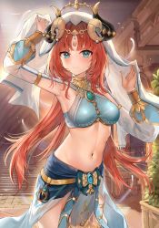 Rule 34 | 1girl, absurdres, arm up, armpits, artist name, blue eyes, blunt bangs, blush, breasts, detached sleeves, genshin impact, gold trim, highres, horns, long hair, looking at viewer, medium breasts, navel, nilou (genshin impact), silverpixia, smile, solo, stairs, veil