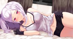 Rule 34 | 1girl, absurdres, bare shoulders, bed sheet, black gloves, black shorts, blush, breasts, camisole, cleavage, corruption, dark persona, fire emblem, fire emblem awakening, fire emblem heroes, gloves, grima (fire emblem), groin, highres, indoors, intelligent systems, large breasts, lying, medium hair, navel, nintendo, on side, pillow, possessed, possession, robin (female) (fire emblem), robin (fire emblem), short shorts, shorts, silver hair, solo, twintails, window, yamato (muchuu paradigm)