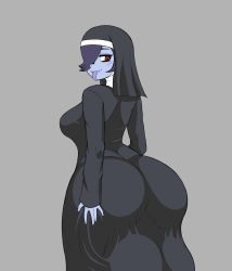 Rule 34 | 1futa, ass, blue skin, blush, breasts, colored skin, fibilis, from behind, futanari, grey background, habit, highres, huge ass, huge testicles, looking back, nun, red eyes, skullgirls, solo, squigly (skullgirls), testicles, tongue, tongue out, veil, wide hips, zombie