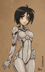 Rule 34 | 1girl, 2019, ahoge, alita, android, battle angel alita, black hair, breasts, brown background, brown eyes, commentary, completely nude, cowboy shot, cyborg, english commentary, facial mark, fluff kevlar, joints, lips, looking at viewer, metal skin, no nipples, nude, petite, robot joints, short hair, signature, small breasts, solo, standing