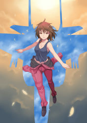 Rule 34 | 1girl, breasts, brown eyes, brown footwear, brown hair, character request, cleavage, cloud, collarbone, f-15 eagle, feathers, full body, kamisama no inai sora, looking at viewer, maruto!, matching hair/eyes, medium breasts, midriff, outstretched arms, parted lips, pilot suit, shirt, shoes, silhouette, sky, sleeveless, sleeveless shirt, solo, sun, sunset, tank top