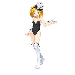 Rule 34 | 1girl, alternate costume, anmita (rarutos), black hairband, black leotard, blonde hair, breasts, commentary request, dice hair ornament, full body, genderswap, genderswap (otf), hair ornament, hairband, len&#039;en, leotard, no shoes, open mouth, small breasts, smile, socks, solo, strapless, strapless leotard, tachi-e, white socks, white wrist cuffs, wrist cuffs, xeno a, yellow eyes