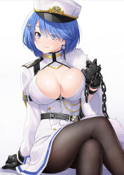 Rule 34 | 1girl, aiguillette, azur lane, black gloves, black pantyhose, blue eyes, blue hair, blush, breasts, chain, chapayev (azur lane), cleavage, cleavage cutout, clothing cutout, crossed legs, earrings, gloves, hair ornament, hairclip, hat, highres, holding, holding chain, jacket, jewelry, kazuma muramasa, large breasts, long hair, long sleeves, looking at viewer, military hat, mole, mole on breast, pantyhose, peaked cap, short hair, simple background, sitting, smile, solo, swept bangs, thighs, white background, white hat, white jacket